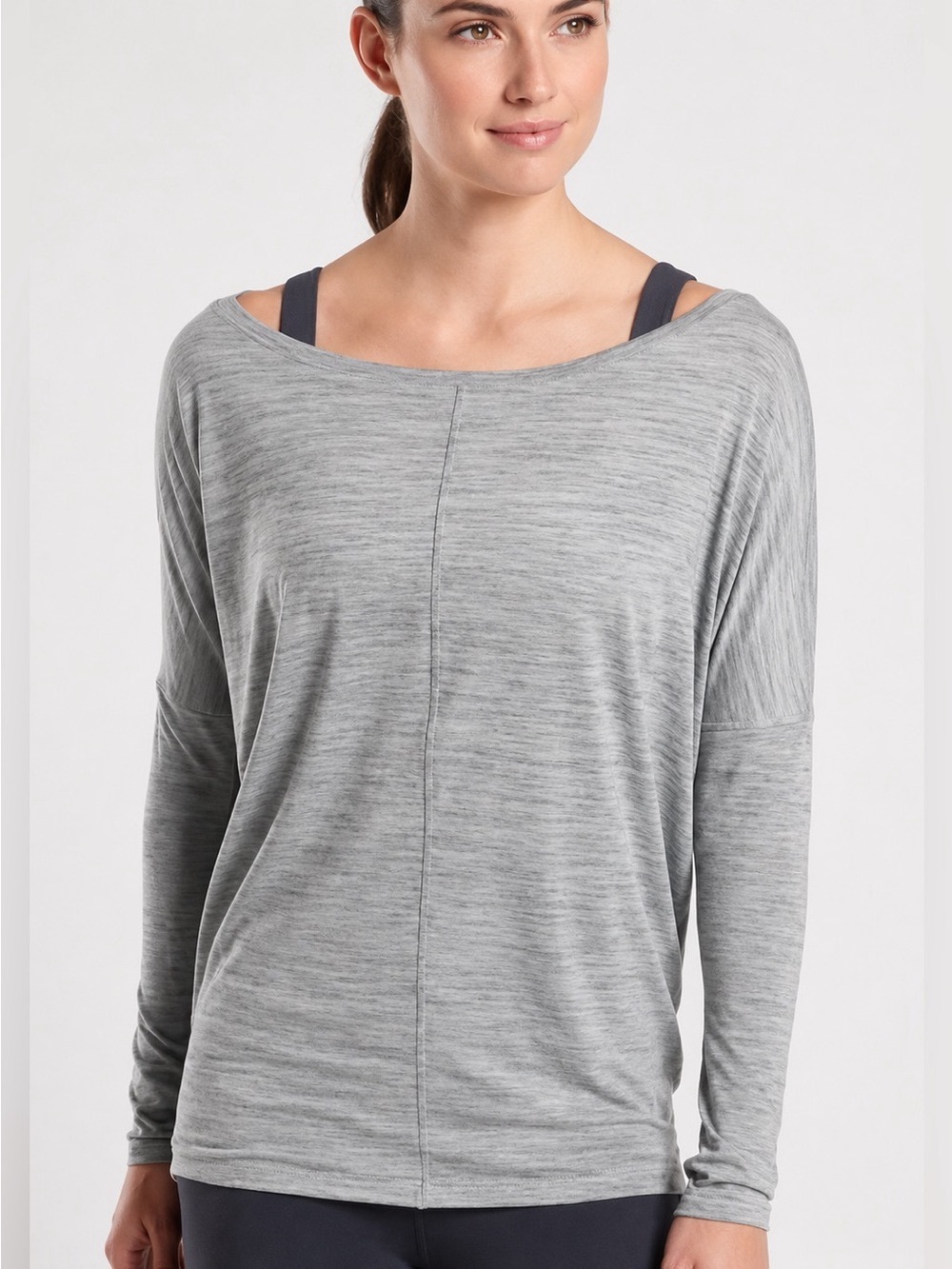 Athleta Heather Gray Essential Flow Boatneck Long-Sleeve Top